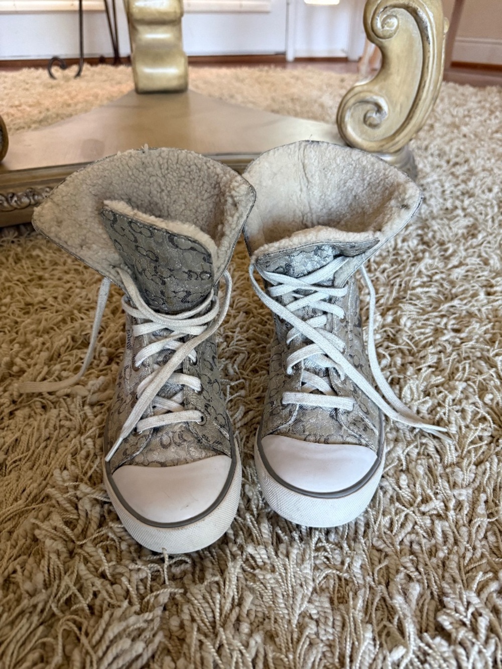 Coach Bonney Shearling Signature C Sneakers Canvas Silver Size 7.5